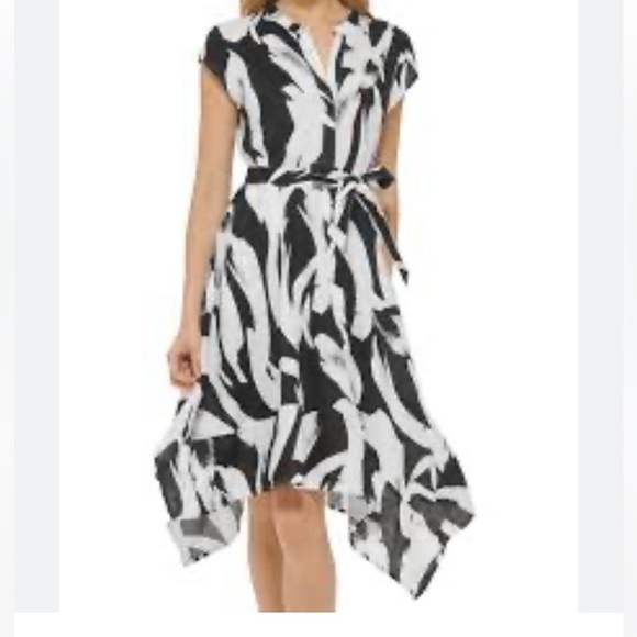 Dkny Dresses & Skirts - DKNY PURE Linen Printed Cap Sleeve Dress Sz 14 Swing Black & White
